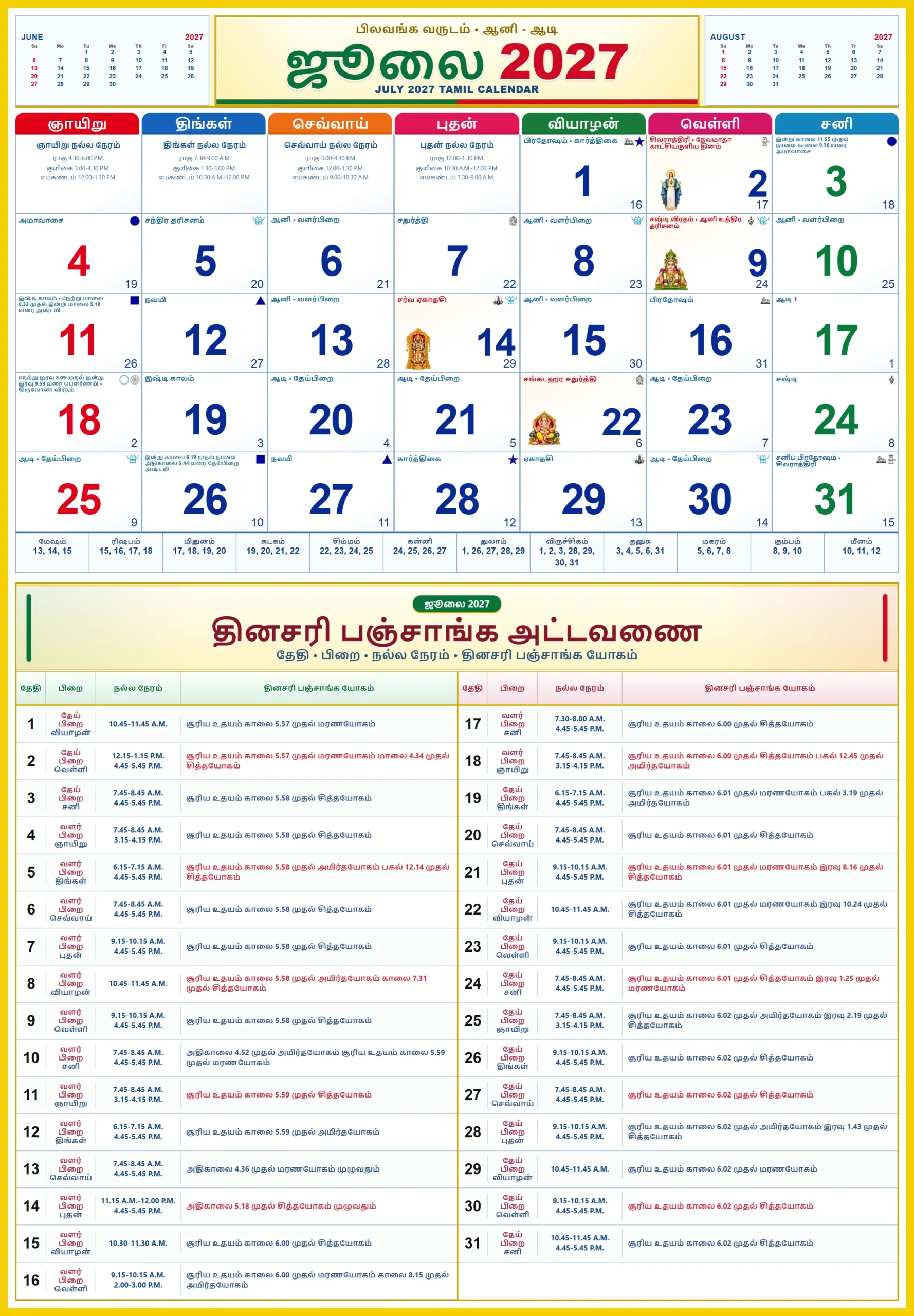 Tamil Monthly Calendar 2027 July showing Tamil dates, festivals and daily Panchangam