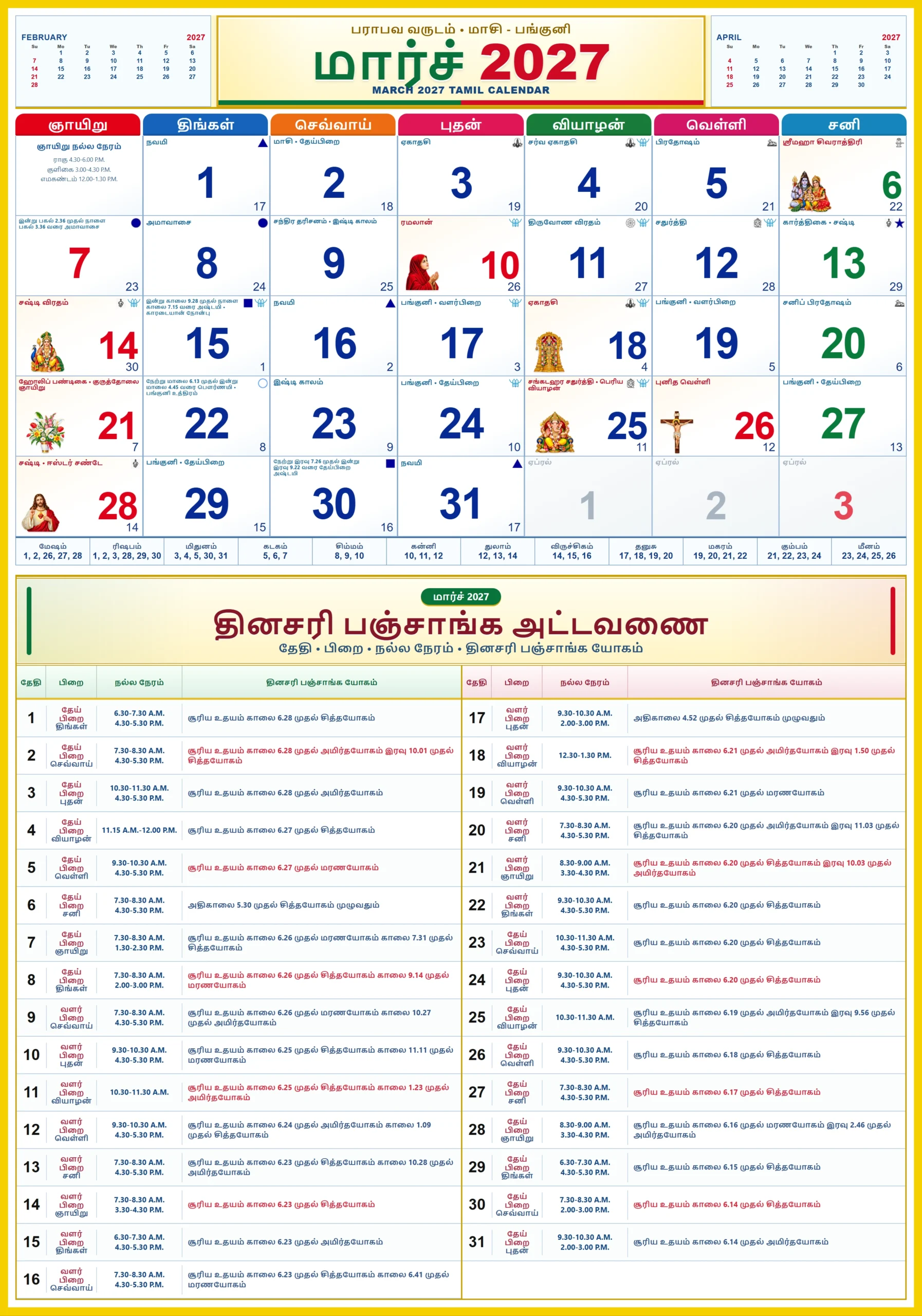 Tamil Monthly Calendar 2027 March showing Tamil dates, festivals and daily Panchangam