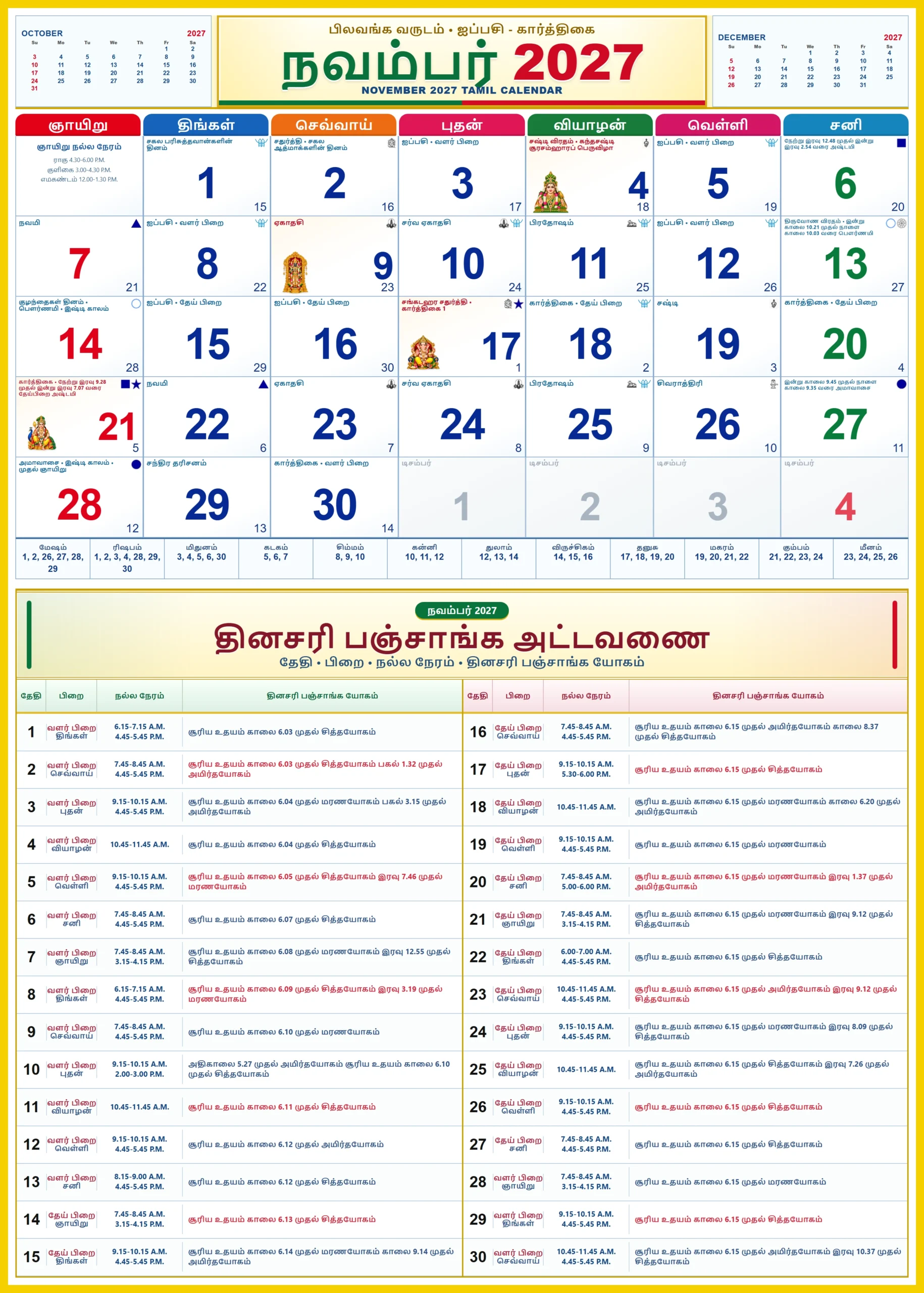 Tamil Monthly Calendar 2027 November showing Tamil dates, festivals and daily Panchangam