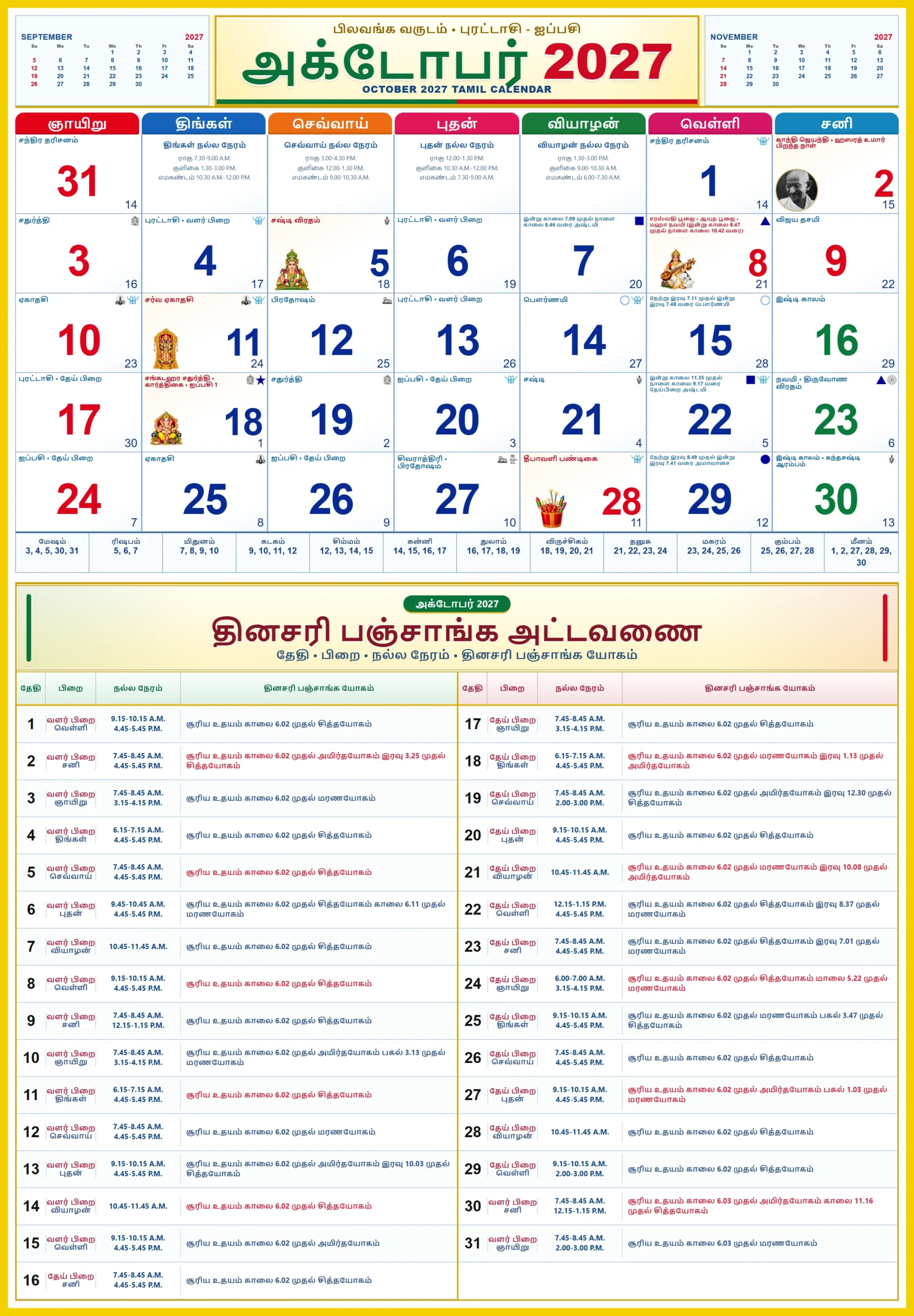 Tamil Monthly Calendar 2027 October showing Tamil dates, festivals and daily Panchangam