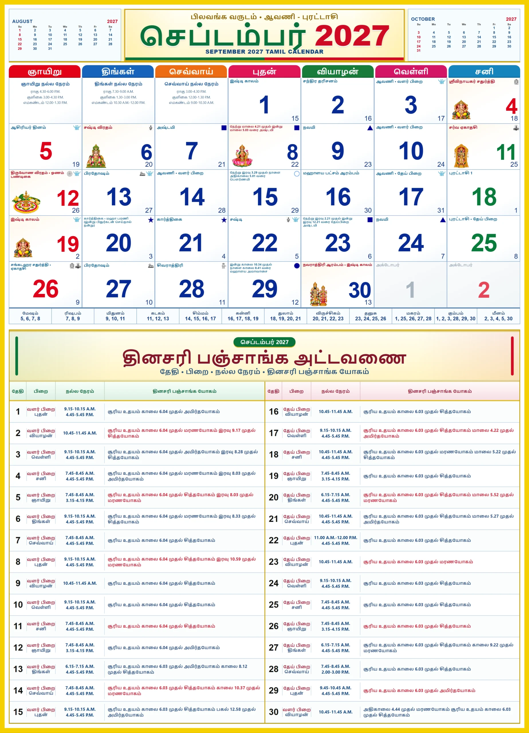 Tamil Monthly Calendar 2027 September showing Tamil dates, festivals and daily Panchangam